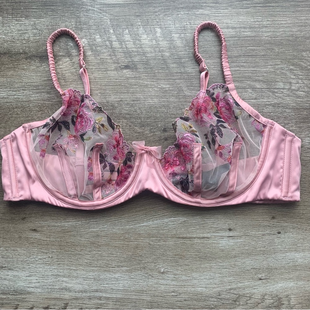 For Love And Lemons Pink Floral Embroidered Underwire Bra